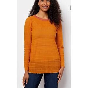 New | Logo Layers Orange Smocked Mesh Long Sleeved Top | Women’s US XL